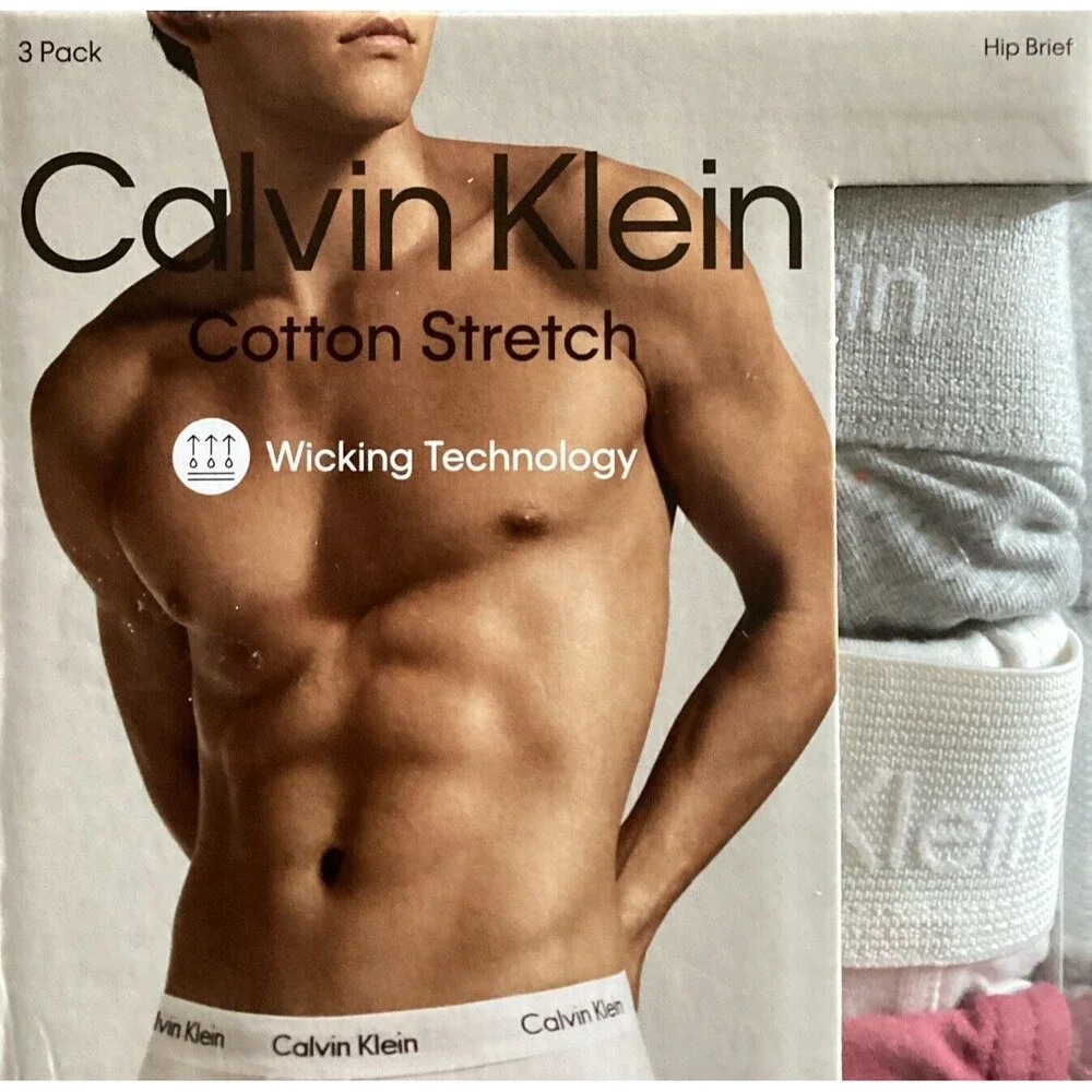 Calvin Klein Mens 3 Pack Cotton Stretch Hip Brief Classic Fit Gray/Burgundy XXL